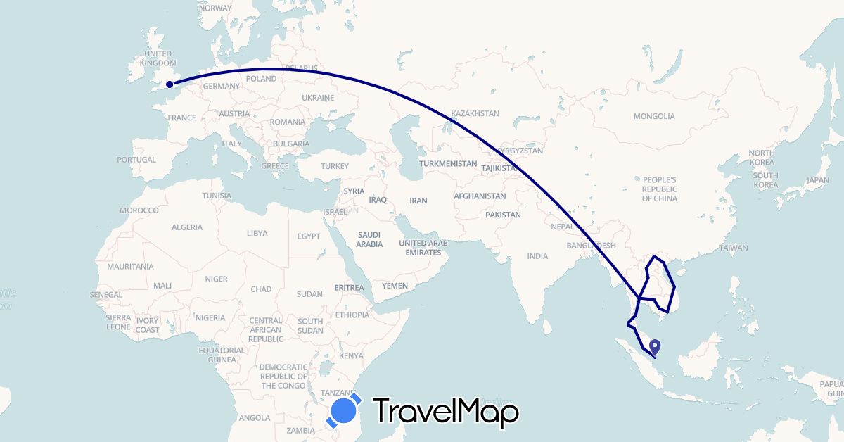 TravelMap itinerary: driving in United Kingdom, Indonesia, Cambodia, Laos, Malaysia, Singapore, Thailand, Vietnam (Asia, Europe)